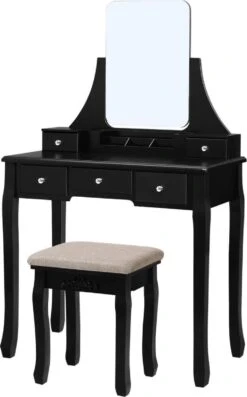 Merkloos Kaptafel, Kaptafel Met Grote Spiegel Zonder Frame, Toilettafel, Kaptafel, Voor Make-up, Gewatteerde Kruk, 5 Laden, Verplaatsbare Opbergdoos, Zwart RDT25BK -Hoogwaardige Cosmetica 747x1200