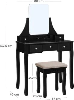 Merkloos Kaptafel, Kaptafel Met Grote Spiegel Zonder Frame, Toilettafel, Kaptafel, Voor Make-up, Gewatteerde Kruk, 5 Laden, Verplaatsbare Opbergdoos, Zwart RDT25BK -Hoogwaardige Cosmetica 888x1200 1